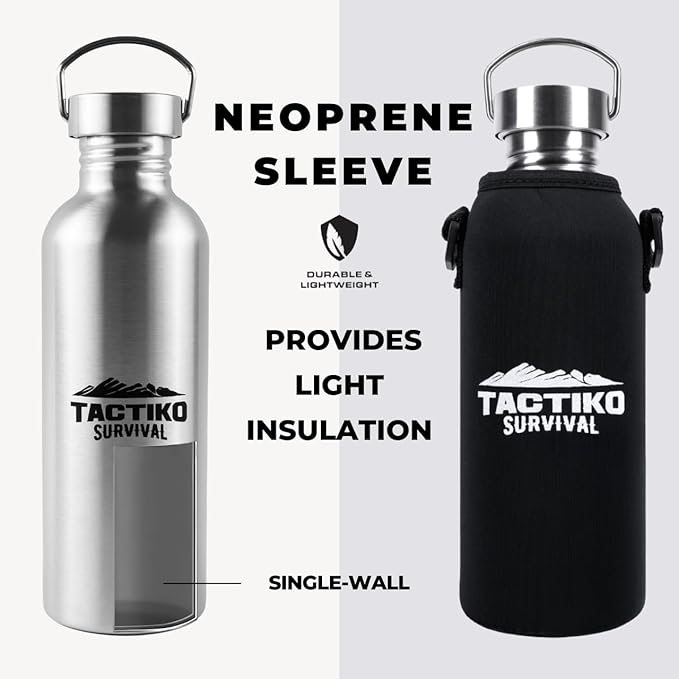 Tactiko Survival 34 oz/1000 ml Stainless Steel Wide Mouth Water Bottle, Single Wall Boil-Safe, Leakproof, BPA-Free with Carry Sleeve and Strap for Camping, Hiking, Outdoor Prep (Black)
