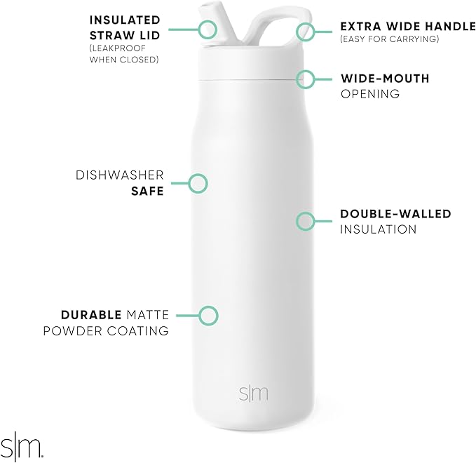Simple Modern Water Bottle with Straw lid | Insulated Stainless Steel Thermos | Reusable Travel Water Bottles for Gym & Sports | Leak Proof & BPA Free | 34oz, Winter White