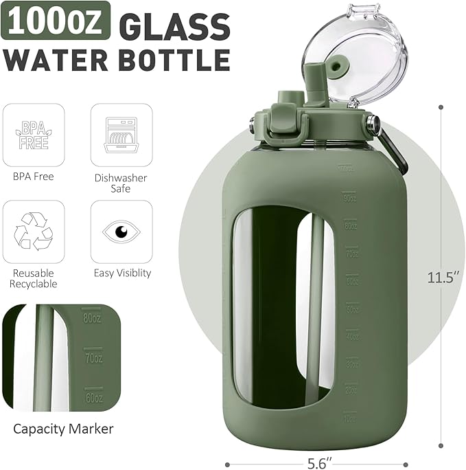 BLUEGO 100 oz Glass Water Bottle with Straw, Huge 3 Liter Water Bottle with Sturdy Handle, Glass Water Jug with Sleeve, Wide Mouth Water Container with Time Marker, Olive