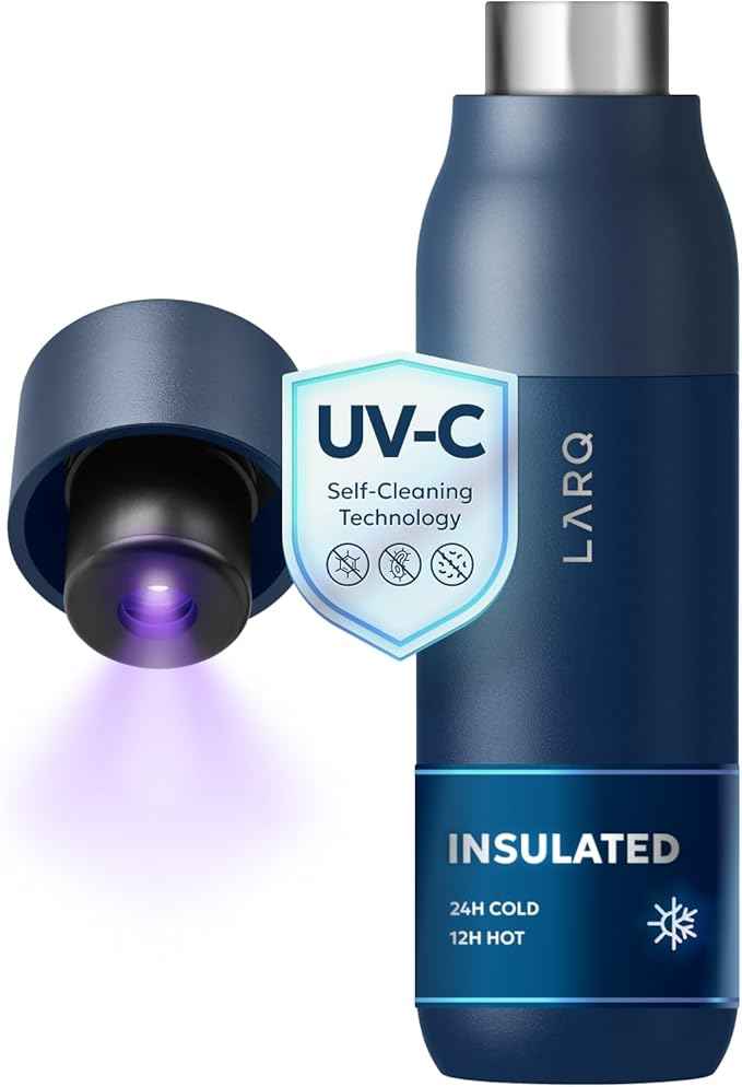 LARQ Bottle PureVis 17 oz - Self-Cleaning and Insulated Stainless Steel Water Bottle with UV Water Purifier and Award-winning Design | Reusable & Travel Friendly, Monaco Blue