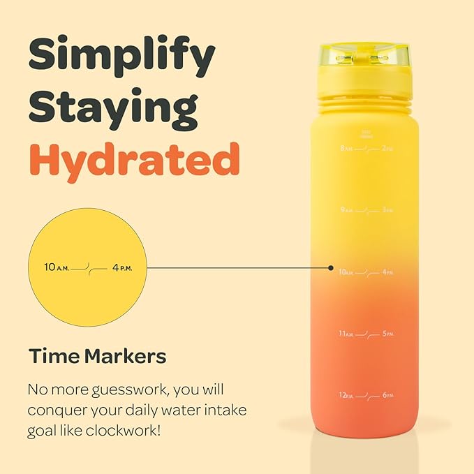 Hydracy Water Bottle with Time Marker -Large 32oz BPA Free Gradient Water Bottle - Leak Proof Gym Bottle with Fruit Infuser Strainer & Times to Drink -Ideal for Fitness Sports & Outdoors