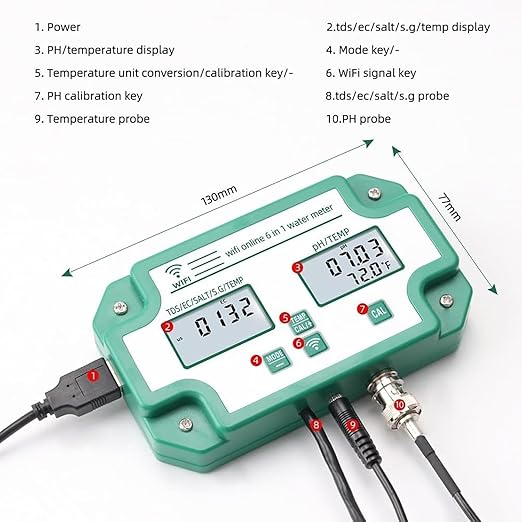 Digital Water Quality Meter, 6 in 1 WiFi Smart Water Quality Monitor with App Control, PH EC TDS(PPM) Salt S.G Temperature Tester for Swimming Pools, Household Drinking Water. ﻿