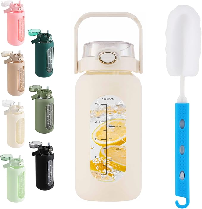 SIEROZUR 64 oz Glass Water Bottle with Straw and Handle Lid Half Gallon Motivational Glass Bottle with Silicone Sleeve and Time Marker Large Reusable Sports Water Jug for Gym Home Workout