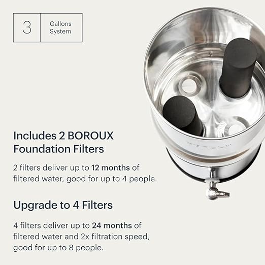 Boroux Legacy Gravity-Fed Countertop Stainless Steel Water Filter System | 3 Gallons with 2 Authentic Black Foundation. Filters