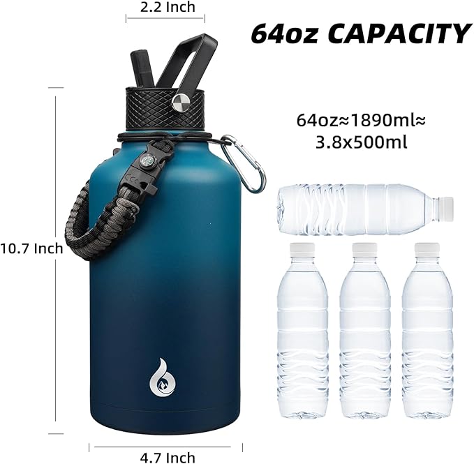 BJPKPK Half Gallon Insulated Water Bottles with 3 Lids and Paracord Strap, 64oz Large, Stainless Steel Water Bottles with Straw Lid, Half Gallon Water Jug,Vast