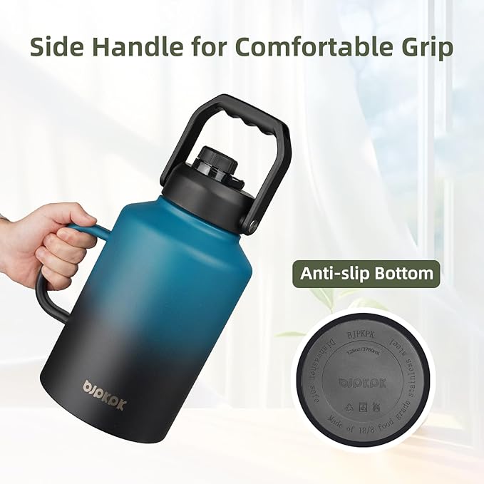 BJPKPK 1 Gallon Water Bottle with Handle, Large Dishwasher Safe 128oz Insulated Water Bottle, BPA Free Water Jug, Wide Mouth Metal Flasks with Anti-slip Bottom, Army Green & Black