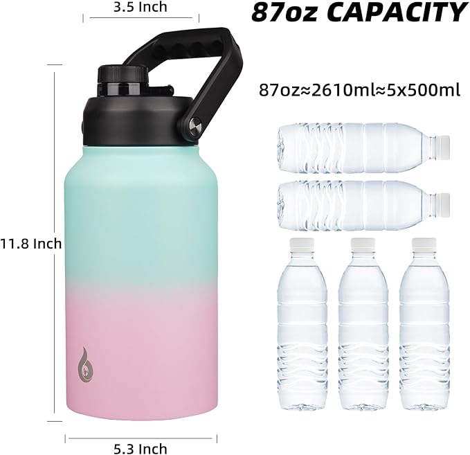 BJPKPK 87oz Insulated Water Bottle, Dishwasher Safe 2/3 Gallon Water Bottle with Ergonomic Handle, BPA Free Leak Proof Water Jug,Stainless Steel Metal Flasks with Anti-slip Bottom,Marshmallow