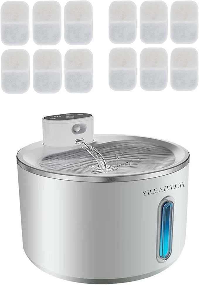 Wireless Cat Water Fountain Stainless Steel, 135oz/4L Cat Fountain, Battery Operated, Cordless Pet Water Fountain for Cats & Dogs with Motion Sensor, Ultra Quiet Pump, 12 Filters (White, 4L)