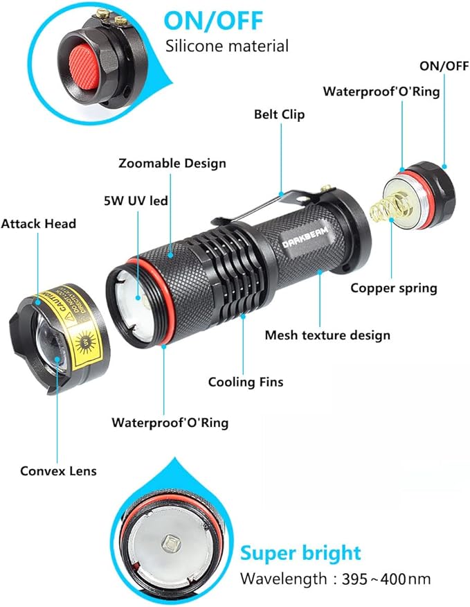 DARKBEAM UV 395nm Flashlight Ultraviolet led Light Blacklight Wood's lamp Portable 400nm Mini Detector for Dog/Cat Urine Pet Stains, Anti-counterfeiting Identification, Resin Curing, AA