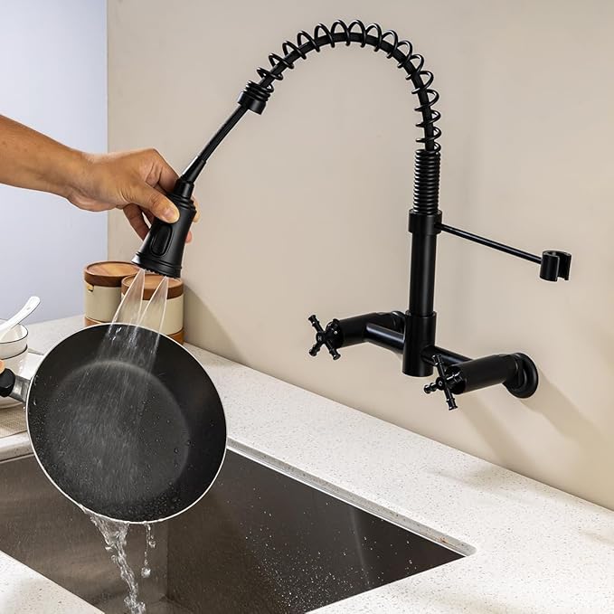 Wall Mount Kitchen Faucet, 8 Inch Center Wall Mount Faucet with Pull Down Sprayer, Commercial Spring Wall Faucet for Kitchen Sink, 3 Functions, Dual Handle, 304 Stainless Steel, Matte Black