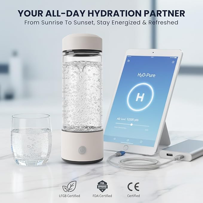 Hydrogen Water Bottle, Portable & Rechargeable – Molecular Hydrogen Water Generator, Alkaline Ionizer, Hydrogenated Water Purifier for Health & Fitness with Hydrogen-Rich Water White