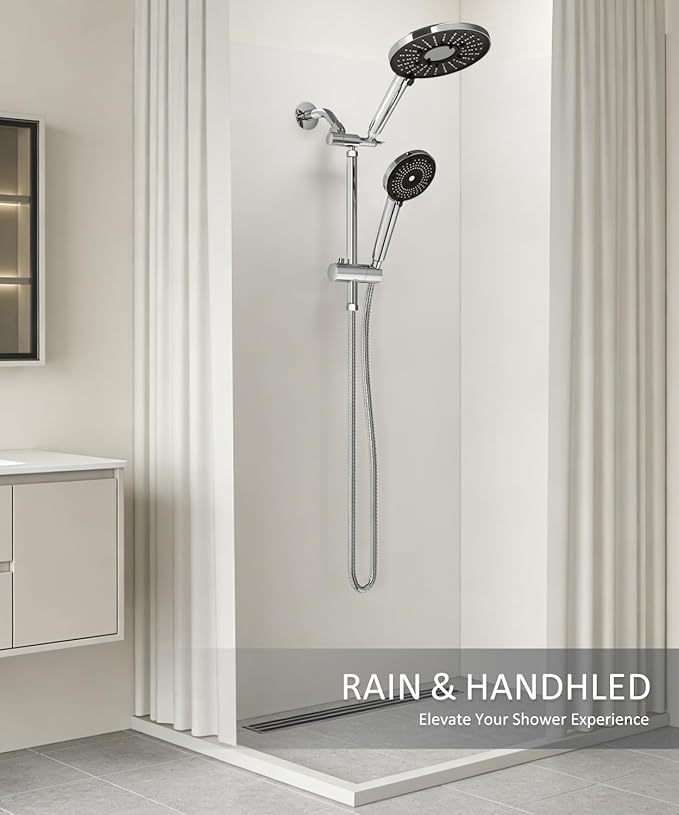 Filtered Shower Head with Handheld Shower Head High Pressure Rainfall System with Slide Bar Dual Filter Softener for Hard Water,6 Spray Modes,Adjustable Height,Chrome