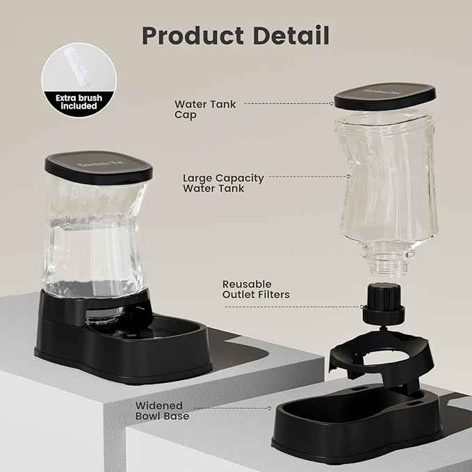 Gardner Pet Automatic Gravity Water Dispenser for Dogs, 1.0Gallon 100% BPA-Free Dog Water Bowl Dispenser, Pet Water Fountain Dispenser with Sponge Filter for Small&Medium Dogs, Cats, Puppies(Black)