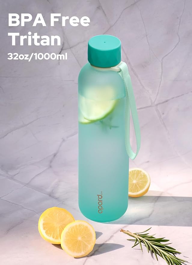 Opard Slim Pro Water Bottle 32oz, Plastic Water Bottle BPA-Free, Facetted Rubberized Grip-Texture Monocap, Leakproof Screw Top, Aqua Green, Reusable for Travel School Sport Gym Hiking