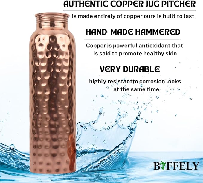 100% Pure Copper Water Bottle for Drinking – Extra Large 34 Oz Wide Mouth, Hammered Ayurvedic Copper Water Bottle – Handcrafted Leak-Proof Vessel, Reusable, BPA-Free & Travel Friendly