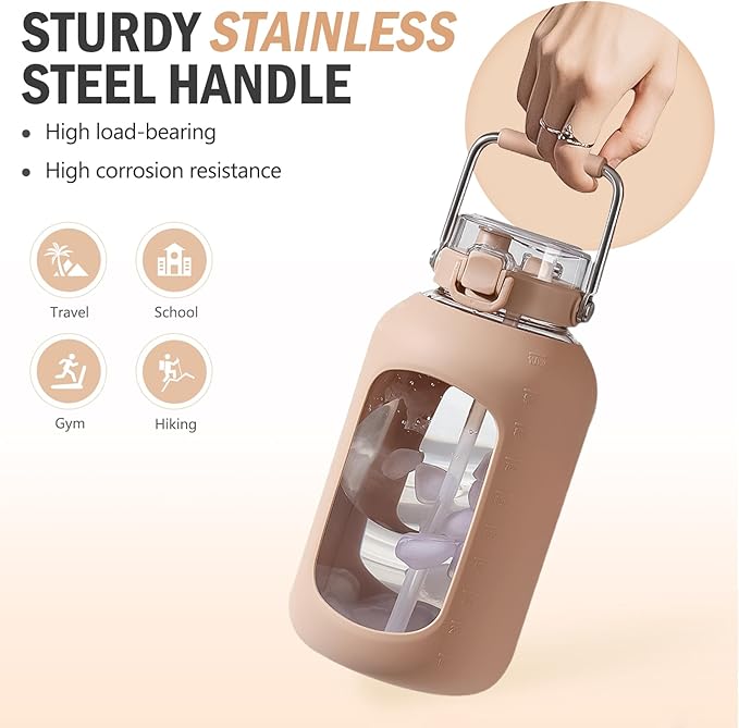 BLUEGO 100 oz Glass Water Bottle with Straw, Huge 3 Liter Water Bottle with Sturdy Handle, Glass Water Jug with Sleeve, Wide Mouth Water Container with Time Marker, Amber