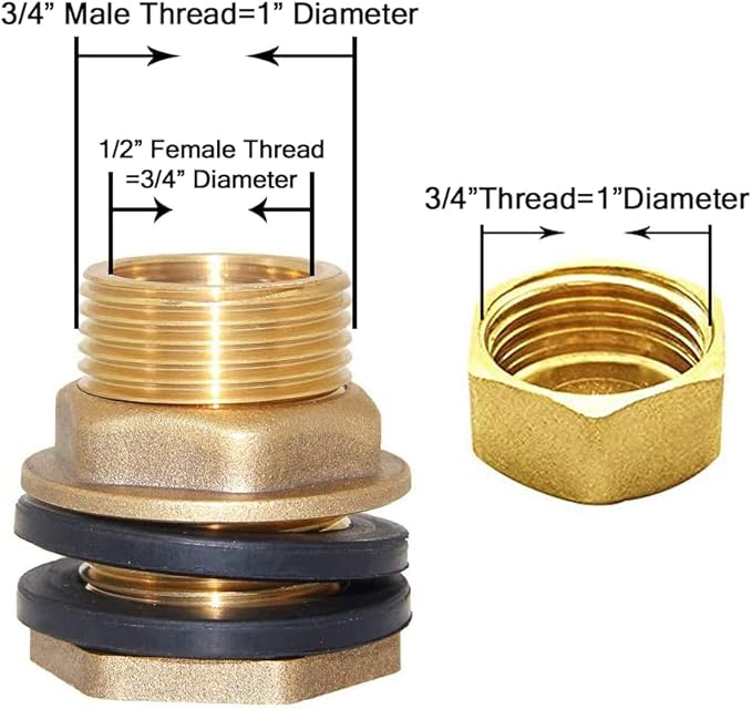 Joywayus Brass Male Bulkhead Kit Include 1/2" Female 3/4" Male Water Tank Connector Threaded And 3/4" Female Outer Hex Head End Pipe Caps with Rubber Gasket - AquaVibe