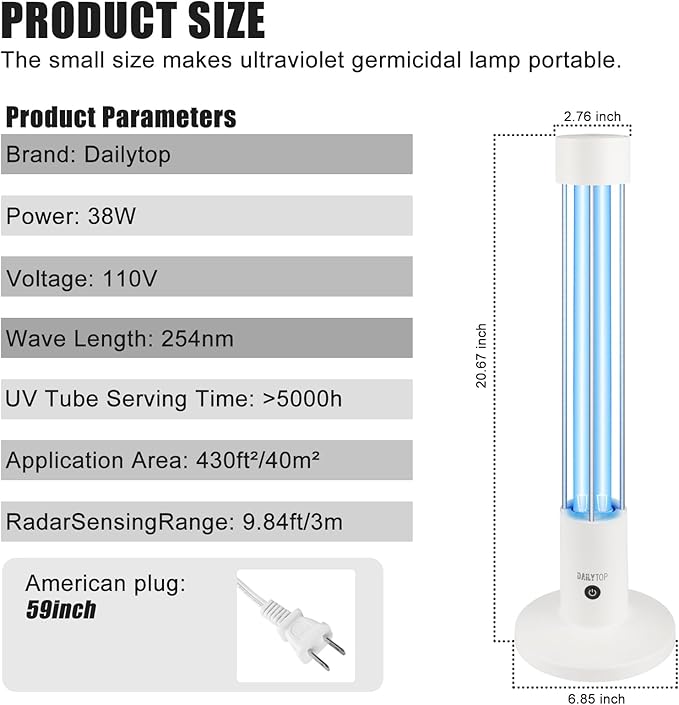 UV Light Sanitizer,60W Ozone-Free Home Disinfection Device for Haloclean UV,254nm UVC Lamp for Whole Room,Ultraviolet Light with 3-Speed Timing and Remote