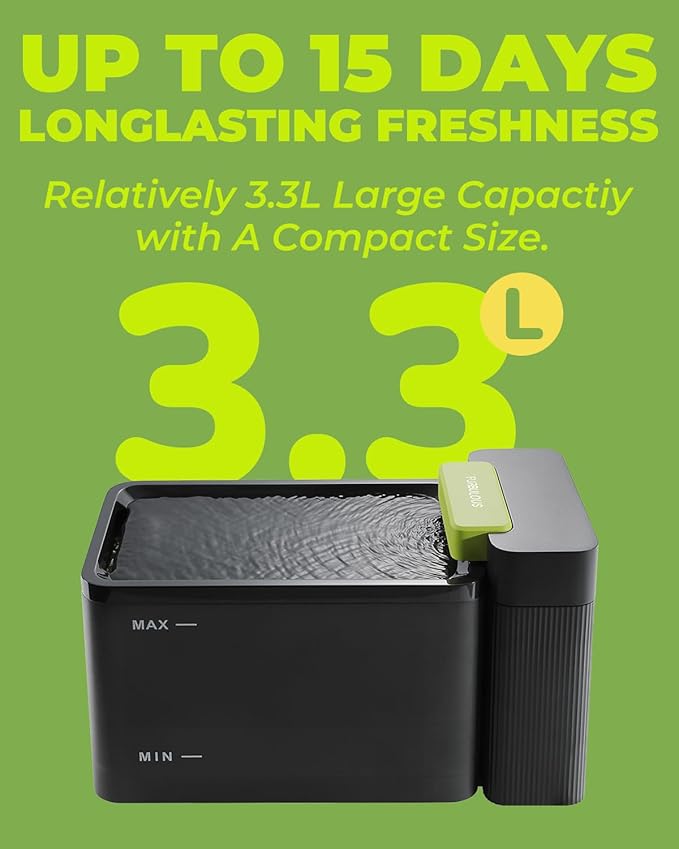 Furbulous True Clean-Drinking Automatic Water Dispenser with Ultrafiltration Tech, 316 Stainless Steel & BPA-Free Trays, 3.3L/112oz Bowl, Two-Mode Fountain for Cat/Medium Dog/Pet (Black, 3 UF)