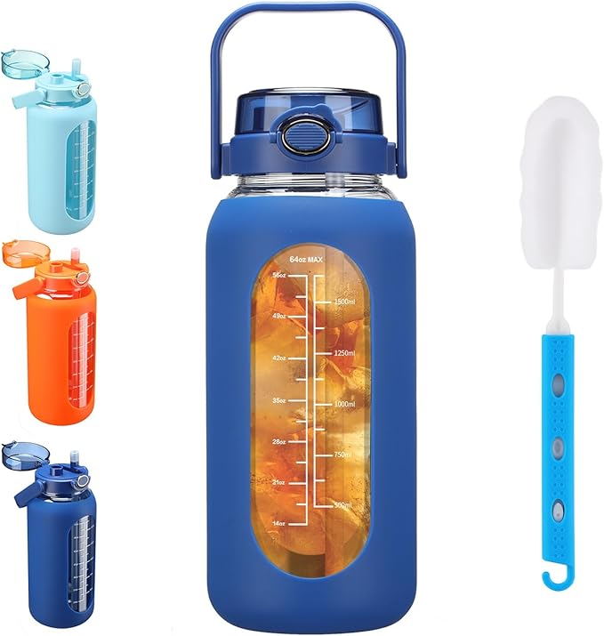 SIEROZUR 64 oz Glass Water Bottle with Straw and Handle Lid Half Gallon Motivational Glass Bottle with Silicone Sleeve and Time Marker Large Reusable Sports Water Jug for Gym Home Workout