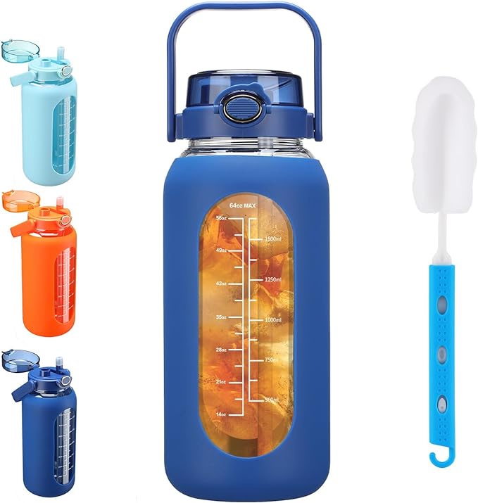 SIEROZUR 64 oz Glass Water Bottle with Straw and Handle Lid Half Gallon Motivational Glass Bottle with Silicone Sleeve and Time Marker Large Reusable Sports Water Jug for Gym Home Workout