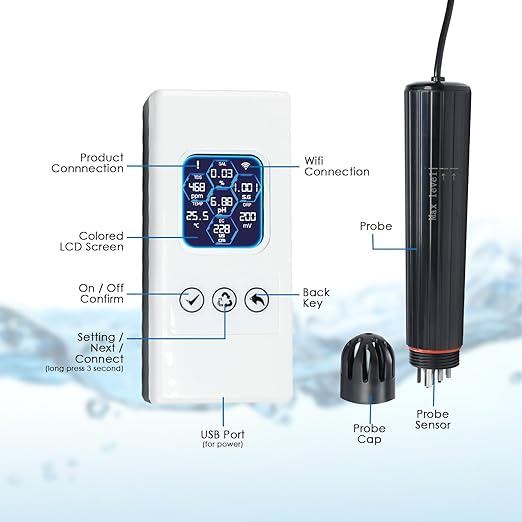 Smart Aquarium Water Quality Monitor 7-in-1 pH, Temperature, TDS, EC, Salinity, ORP & Specific Gravity Real-Time Alerts with App Control, Replaceable Probe for Freshwater, Saltwater, Reef & Ponds