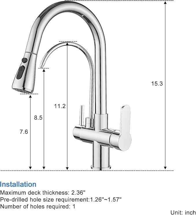 POPFLY Kitchen Faucet with Drinking Water Faucet, 3 in 1 Water Purifier Faucet, 2 Handle, 3-Function Pull Down Sprayer, Brass Body, Chrome