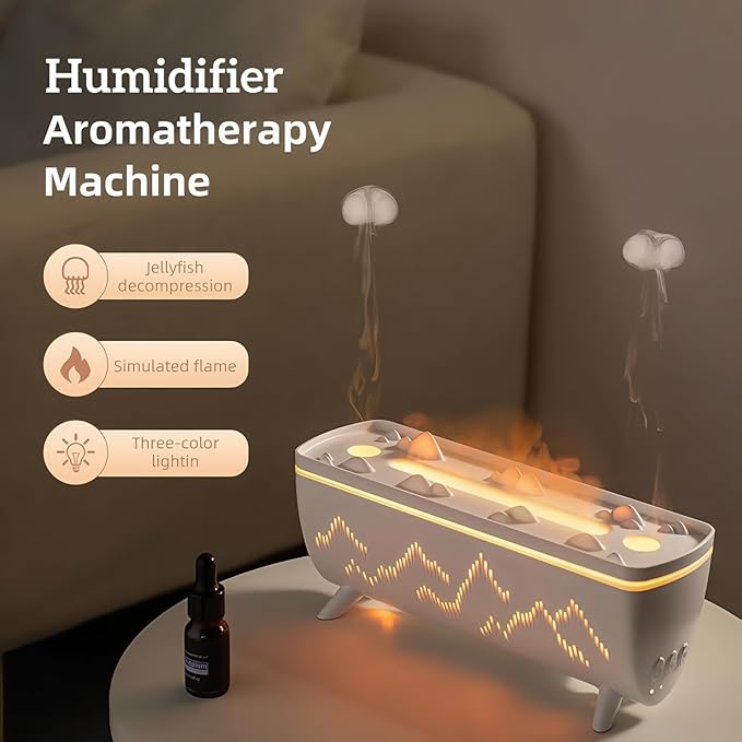 Dual Jellyfish & 3 Colors Flame Essential Oil Diffuser, Mist Humidifier, Aroma Diffuser with Jellyfish Shaped Spray Timing Auto-Off (White)