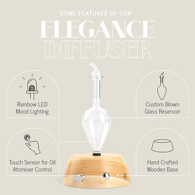 Elegance Nebulizing Essential Oil Diffuser for Aromatherapy by Organic Aromas - Light-Colored Wood Base and Glass Reservoir