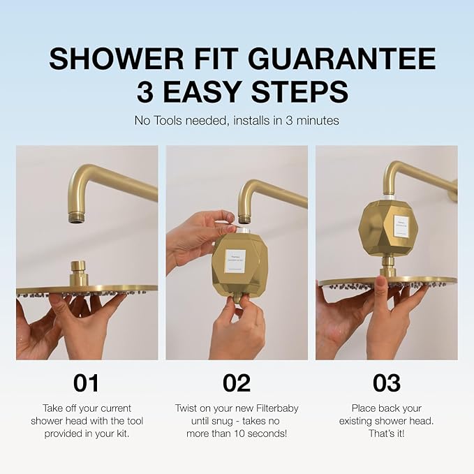 Filterbaby Diamond Shower Filter, IAPMO Certified to NSF177 Standard, Expert Developed Filter for Skin&Hair, Lab Tested to Reduce up to 99%Chlorine,Chloramine&Impurities,Eco Friendly Long Lasting,Gold