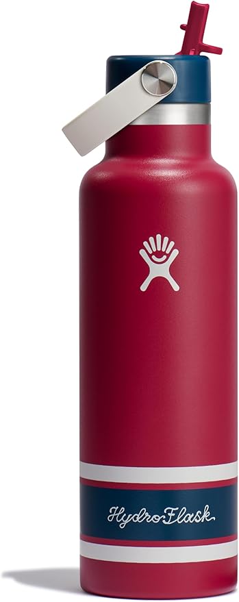 Hydro Flask Water Bottle - Insulated Stainless Steel - Standard Mouth Flex Straw Lid, Non Spill, Leakproof and Refillable in 21 Oz Campus Red