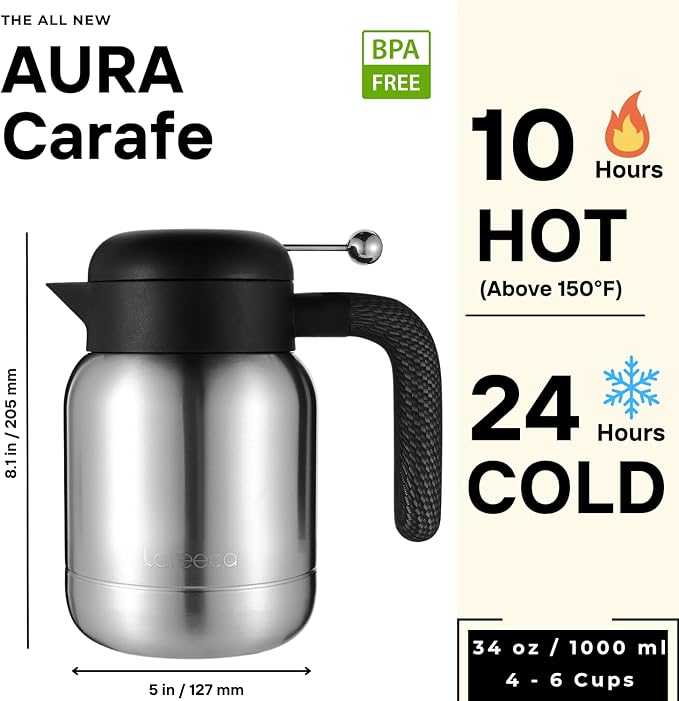 Aura Thermal Coffee Carafe Tea Pot for Keeping Hot & Iced Cold - Vacuum Insulated - Thermos Water Pitcher - Beverage Dispenser - Leakproof Cool touch handle - BPA Free - 1 Liter - Stainess