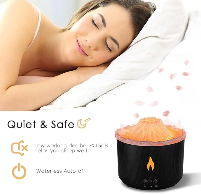 300ml Essential Oil Diffuser, Volcano Flame Aromatherapy Diffusers Fragrant Humidifier Vaporizer with Remote Control, Night Lights, Timer Auto Off for Bedroom Home Office (Dark Wood Grain)