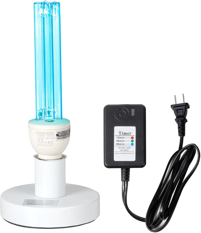 25 Watts UVC Sanitizer Lamp with Ozone UVC Light Bulb with Base and 3-Gear Timer 185nm Wavelength UV Light for Bedroom/Closet/Kitchen/Bathroom E26 Base 110V CTUV-25