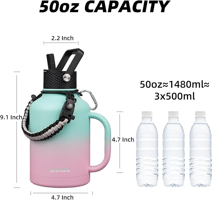 BJPKPK Large Insulated Water Bottles with Straw Lid & Handle, 50oz Water Bottle with 3 Lids and Paracord Strap, Stainless Steel Metal Water Bottle, Insulated Water Jug, Marshmallow