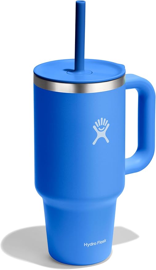 Hydro Flask Travel Tumbler with Handle, Lid and Straw - Insulated Stainless Steel in 32 Oz Blue