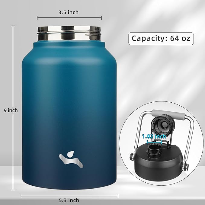 Half Gallon Jug with Handle,64 oz Insulated Water Bottle with Carrying Pouch,Double Wall Vacuum Stainless Steel Metal Bottle,Indigo Black