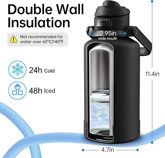 64oz Insulated Magnetic Water Bottle - Stainless Steel Vacuum Flask with MagSafe Compatible Phone Holder Keeps Drinks Cold for 24 Hours Water Jug for Gym and Outdoor Activities（Balck)