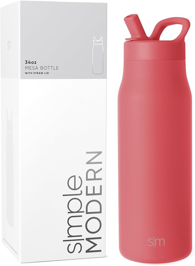 Simple Modern Water Bottle with Straw lid | Insulated Stainless Steel Thermos | Reusable Travel Water Bottles for Gym & Sports | Leak Proof & BPA Free | 34oz, Spiced Coral