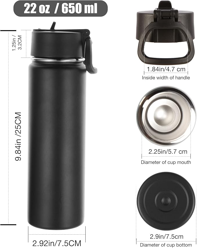 Volhoply 22 oz Insulated Water Bottles with Straw Lid, Stainless Steel Sports Bottle with Handle, Double Walled Metal Travel Water Cups with Wide Mouth, Reusable Water Flask for School(Black,1 Set)