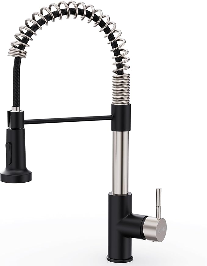 GIMILI Kitchen Faucet with Pull Down Sprayer Single Hole Stainless Steel Sink Faucet, Suitable for Farmhouses, RV, Laundry Room, Outdoor, and Campers. Llave para fregadero de cocina Nickel and Black