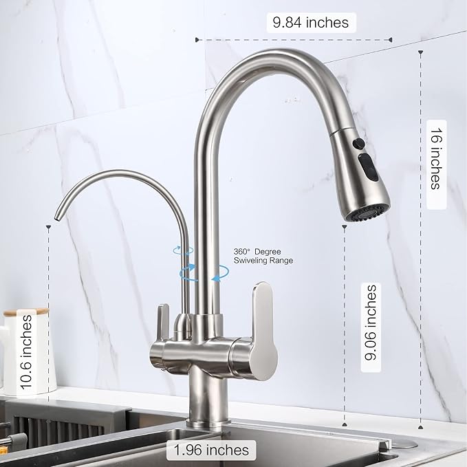 HUAHUALALA Kitchen Sink Faucet with Pull Down Sprayer 2 Handle 3 in 1 Water Filter Purifier Faucets, Brass Drinking Water Faucet Reverse Osmosis Brushed Nickel
