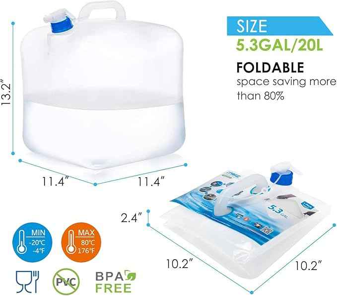 Collapsible Water Container Jug, 4×5.3 Gallon BPA Free Camping Water Storage Canteen with Spigot, for Hiking Backpack RV Outdoors & Emergency, Portable Survival Kit - Food Grade Transparent PE