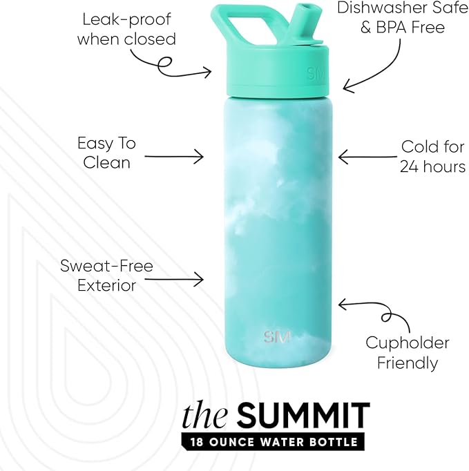 Simple Modern Kids Summit Water Bottle with Straw Lid | Vacuum Insulated Stainless Steel | Leak Proof BPA-Free Cup for School | 18oz, Ocean Tide