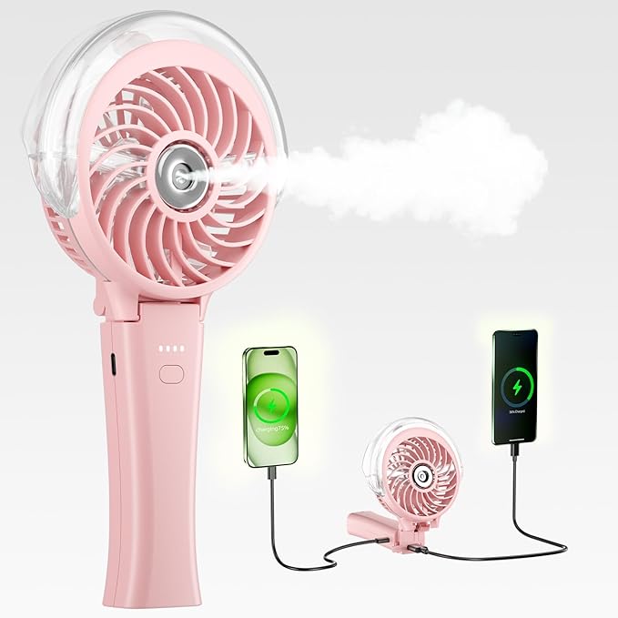 HandFan 4000mAh Handheld Misting Fan, 50ml Water Tank, Rechargeable Personal Mister Fan Portable AC, Spray Water Mist Fans, Foldable Cooling Ice Fans for Beach Travel Outdoors(Pink)