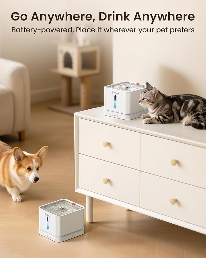 Cordless Cat Water Fountain, 3L/100oz Stainless Steel Tray, Cat Fountains for Drinking, Pet Water Fountains Indoor, Automatic Dog Water Bowl Dispenser, Rechargeable Battery Operated White