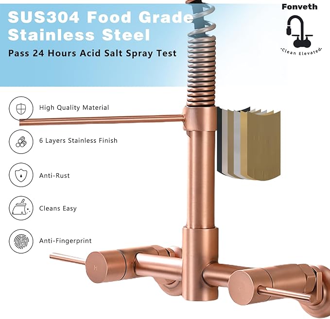 Wall Mount Kitchen Faucet Rose Gold, 8 Inch Center Wall Mount Kitchen Sink Faucet with Pull Down Sprayer with Sprayer Commercial, Red Copper