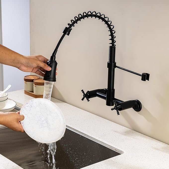 Wall Mount Kitchen Faucet, 8 Inch Center Wall Mount Faucet with Pull Down Sprayer, Commercial Spring Wall Faucet for Kitchen Sink, 3 Functions, Dual Handle, 304 Stainless Steel, Matte Black