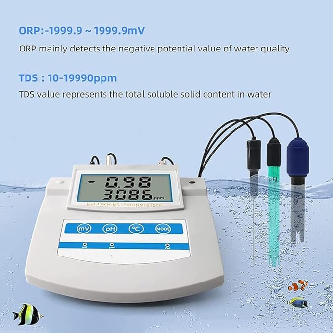 Smart Water Quality Monitor, 6 in 1 Continuous Monitor Tester, PH ORP TDS EC CF Temperature Benchtop Tester Meter, for Swimming Pool, Aquarium, Laboratory