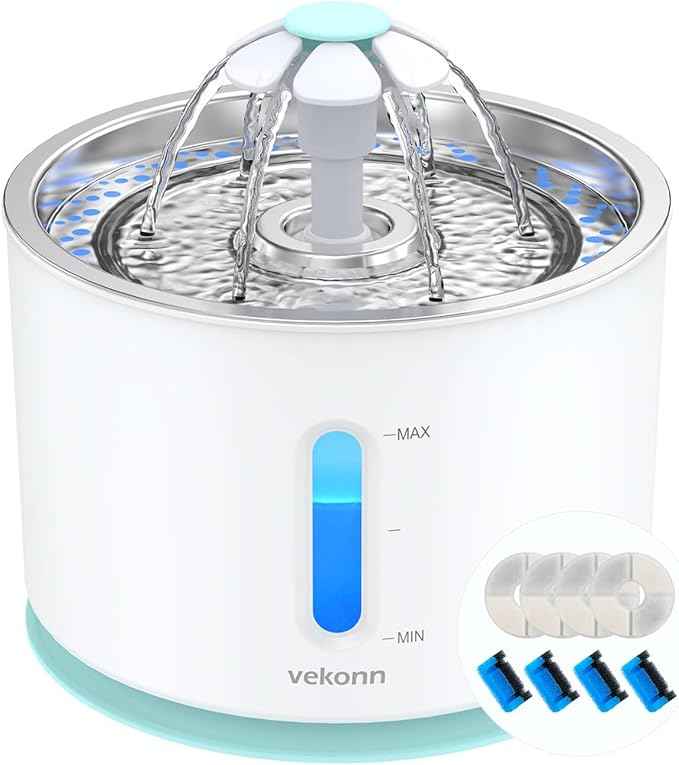 Cat Water Fountain Stainless Steel Top with 4 Filters and 4 Sponges, Pet Water Fountain for Small Dog and Cat with LED Light and Water Level Window (Green)